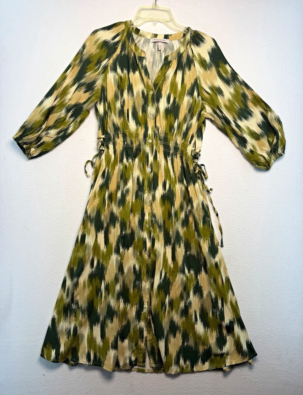 Harlow & Rose Women’s M Green Beige Abstract V-Neck Shirt Dress Button Pockets